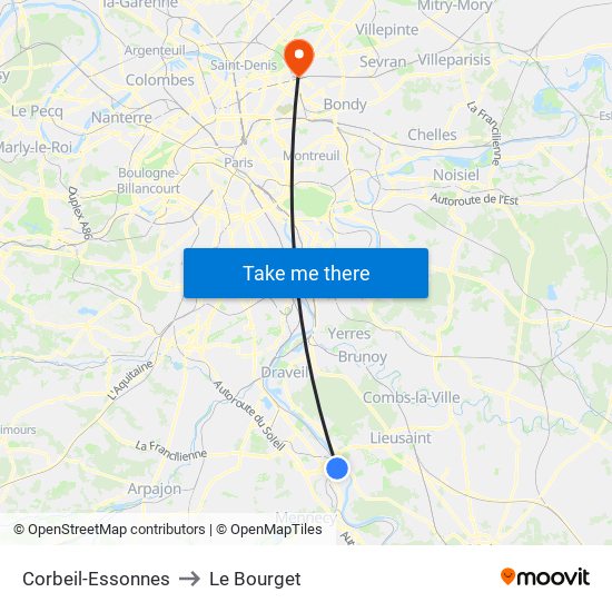 Corbeil-Essonnes to Le Bourget map