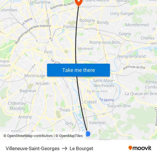 Villeneuve-Saint-Georges to Le Bourget map