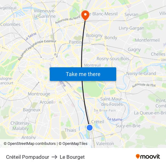 Créteil Pompadour to Le Bourget map