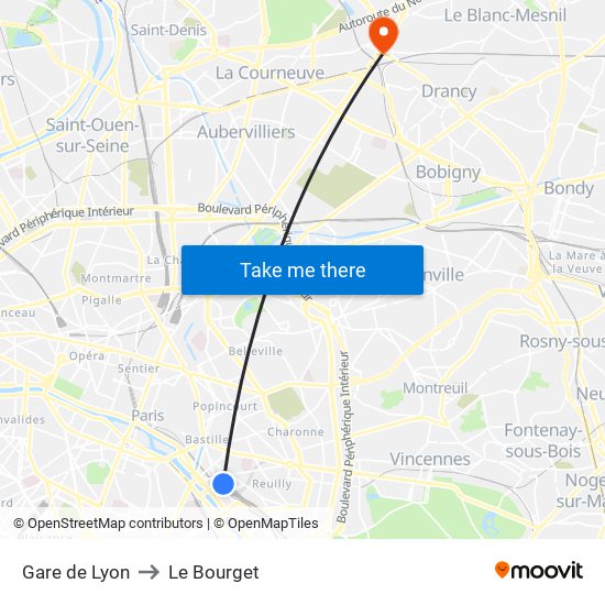 Gare de Lyon to Le Bourget map