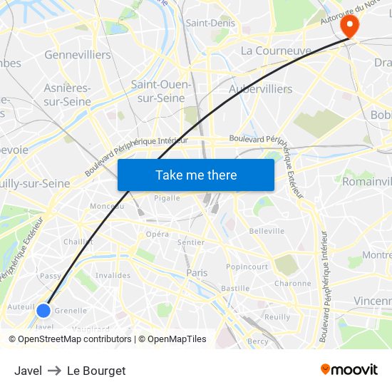 Javel to Le Bourget map