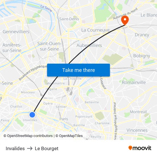 Invalides to Le Bourget map