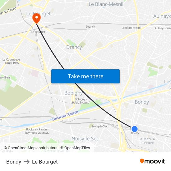 Bondy to Le Bourget map