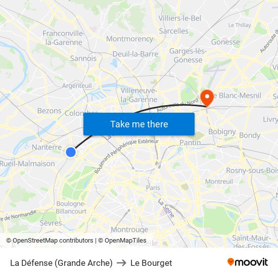 La Défense (Grande Arche) to Le Bourget map