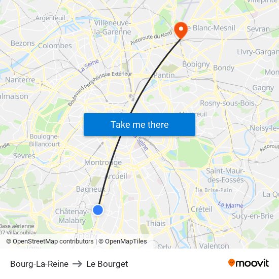 Bourg-La-Reine to Le Bourget map