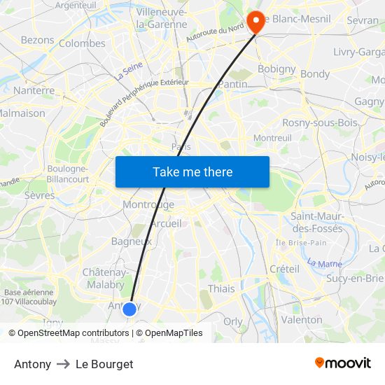 Antony to Le Bourget map