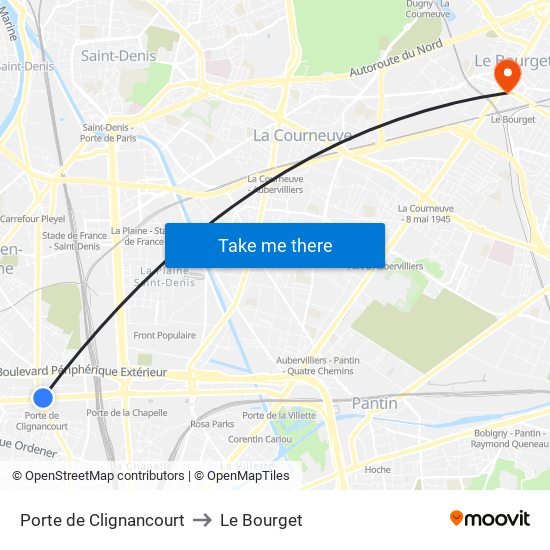 Porte de Clignancourt to Le Bourget map