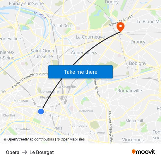 Opéra to Le Bourget map