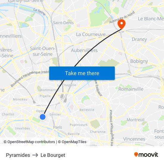 Pyramides to Le Bourget map