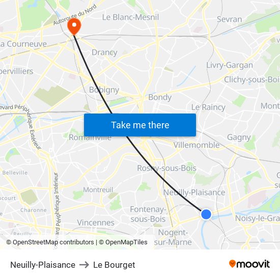 Neuilly-Plaisance to Le Bourget map