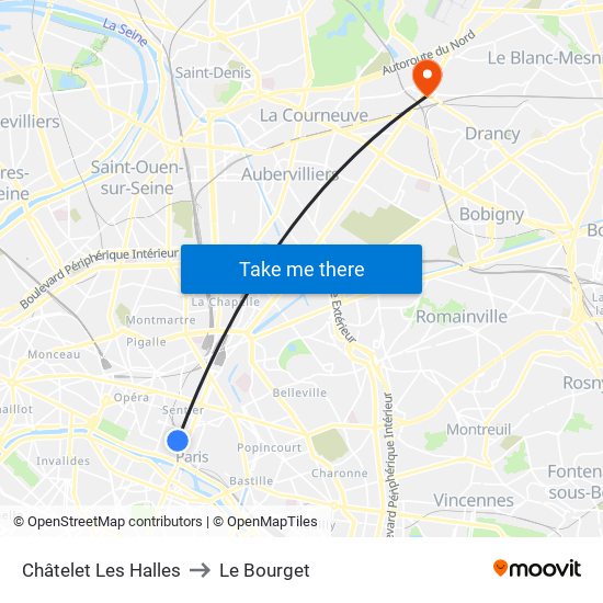Châtelet Les Halles to Le Bourget map