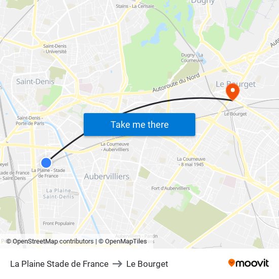 La Plaine Stade de France to Le Bourget map