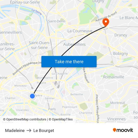 Madeleine to Le Bourget map