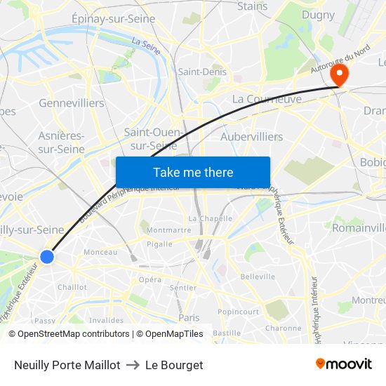 Neuilly Porte Maillot to Le Bourget map