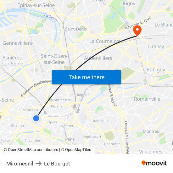 Miromesnil to Le Bourget map