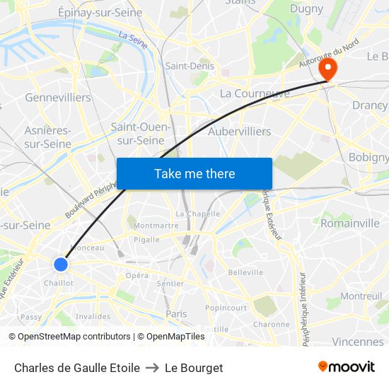 Charles de Gaulle Etoile to Le Bourget map