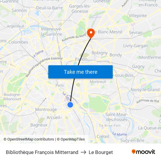 Bibliothèque François Mitterrand to Le Bourget map