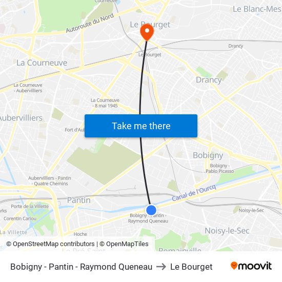 Bobigny - Pantin - Raymond Queneau to Le Bourget map