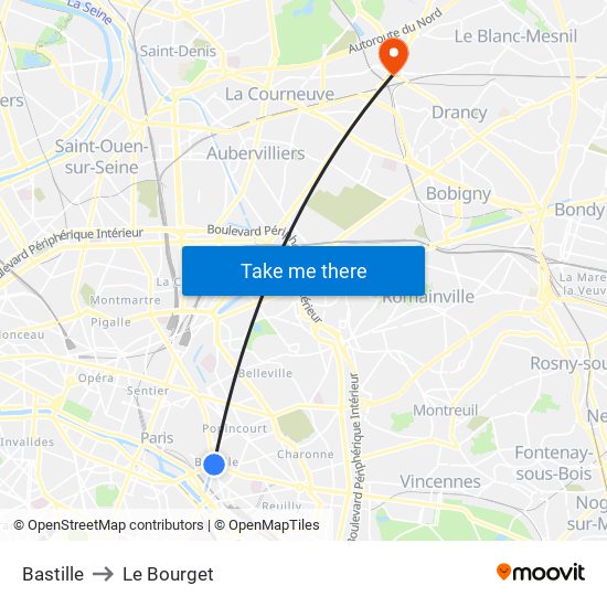 Bastille to Le Bourget map