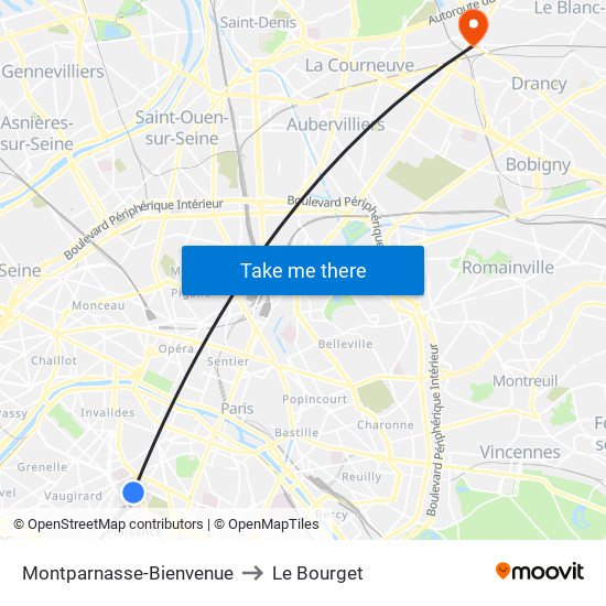 Montparnasse-Bienvenue to Le Bourget map