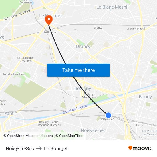 Noisy-Le-Sec to Le Bourget map