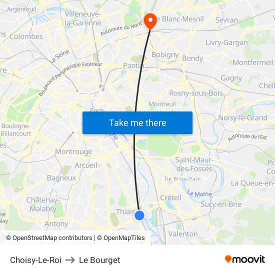 Choisy-Le-Roi to Le Bourget map