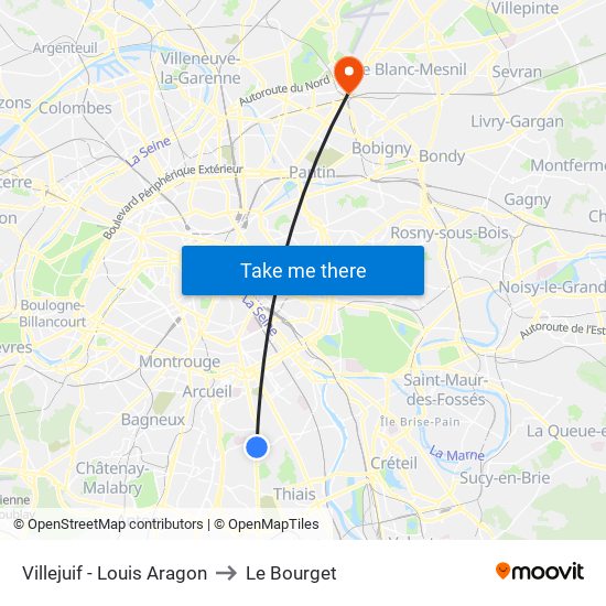 Villejuif - Louis Aragon to Le Bourget map