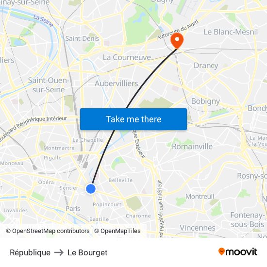 République to Le Bourget map