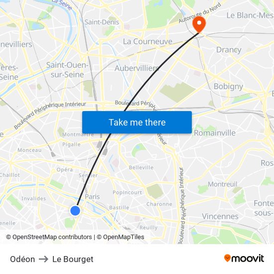 Odéon to Le Bourget map