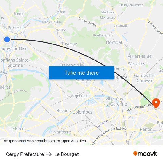 Cergy Préfecture to Le Bourget map