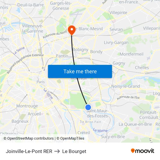 Joinville-Le-Pont RER to Le Bourget map