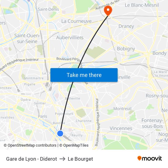 Gare de Lyon - Diderot to Le Bourget map