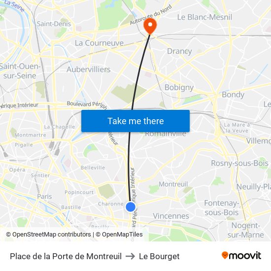 Place de la Porte de Montreuil to Le Bourget map