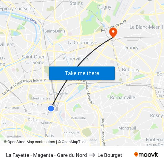 La Fayette - Magenta - Gare du Nord to Le Bourget map