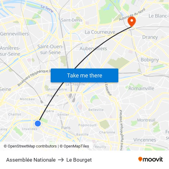 Assemblée Nationale to Le Bourget map