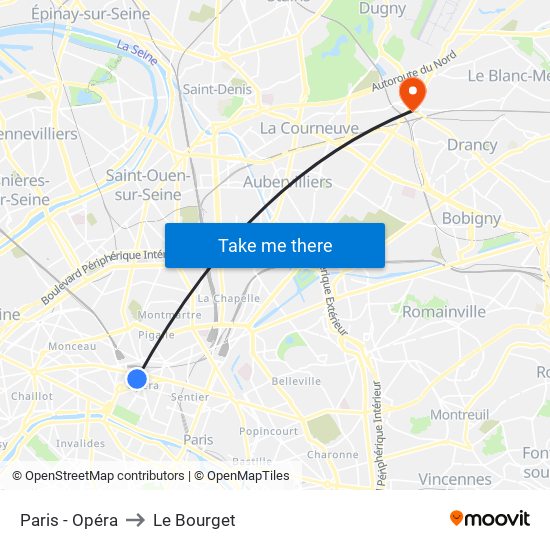 Paris - Opéra to Le Bourget map