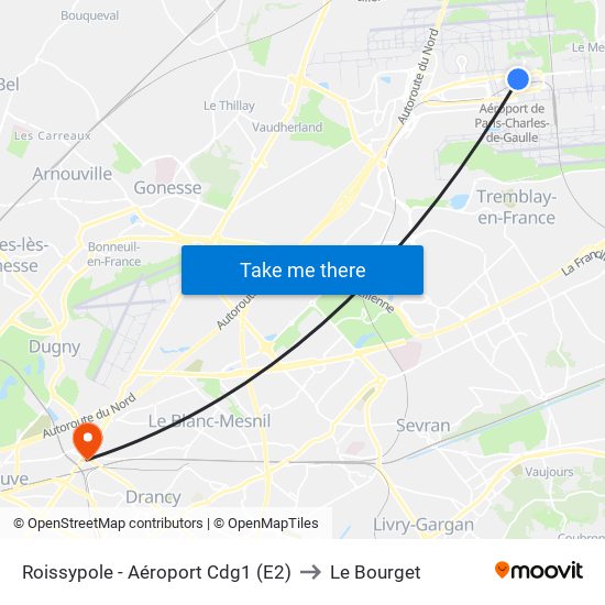Roissypole - Aéroport Cdg1 (E2) to Le Bourget map