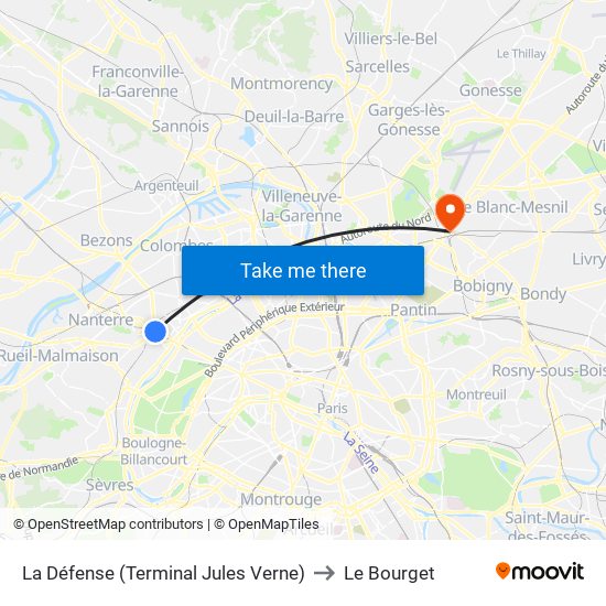 La Défense (Terminal Jules Verne) to Le Bourget map