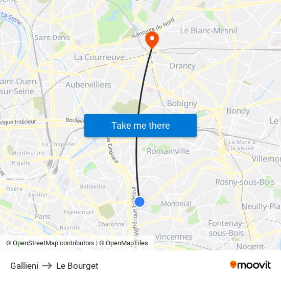 Gallieni to Le Bourget map