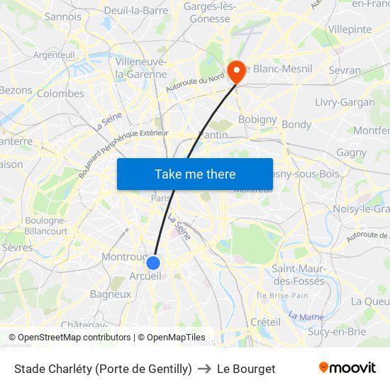 Stade Charléty (Porte de Gentilly) to Le Bourget map