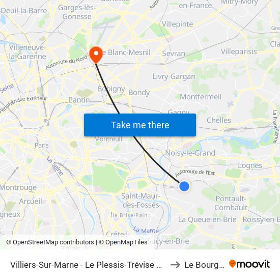 Villiers-Sur-Marne - Le Plessis-Trévise RER to Le Bourget map
