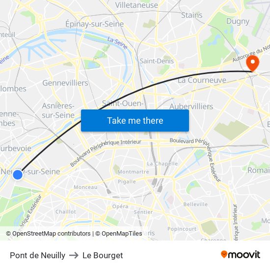 Pont de Neuilly to Le Bourget map