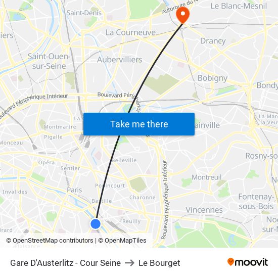 Gare D'Austerlitz - Cour Seine to Le Bourget map