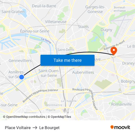 Place Voltaire to Le Bourget map