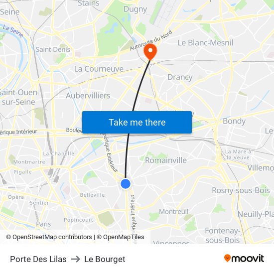 Porte Des Lilas to Le Bourget map