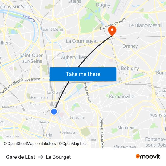 Gare de L'Est to Le Bourget map