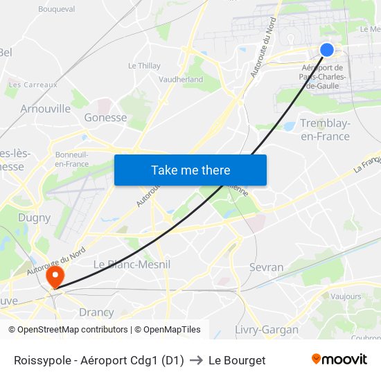 Roissypole - Aéroport Cdg1 (D1) to Le Bourget map