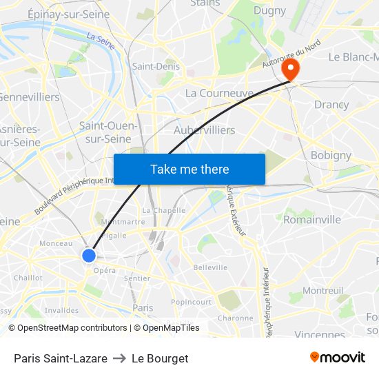 Paris Saint-Lazare to Le Bourget map