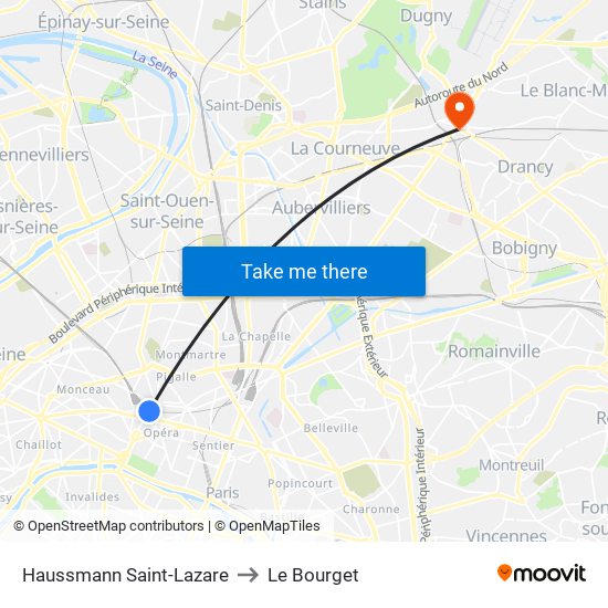 Haussmann Saint-Lazare to Le Bourget map