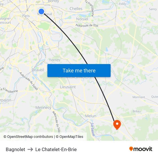 Bagnolet to Le Chatelet-En-Brie map